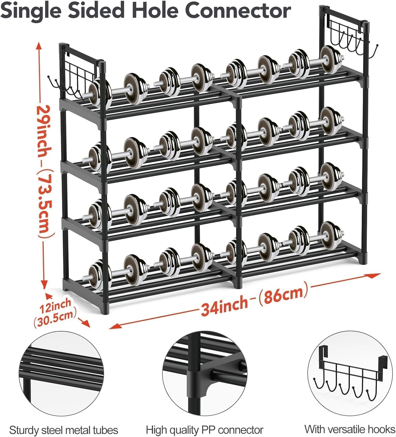4-Tier Black Metal Shoe Rack with Multifunctional Hooks, Stackable Design for 20 Pairs, Space-Saving Solution for Closets and Showrooms