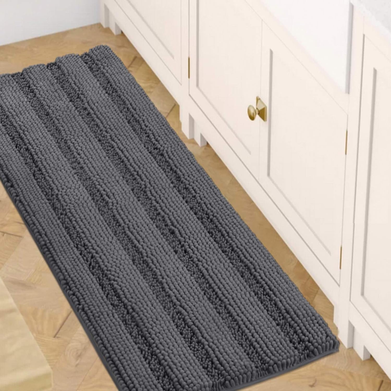 Set of 2 Striped Anti-Slip Bath Mats - Soft Plush Chenille Shaggy Floor Mats  - Water Absorbent (Grey, 32 x 20 & 24 x 17 Inches)