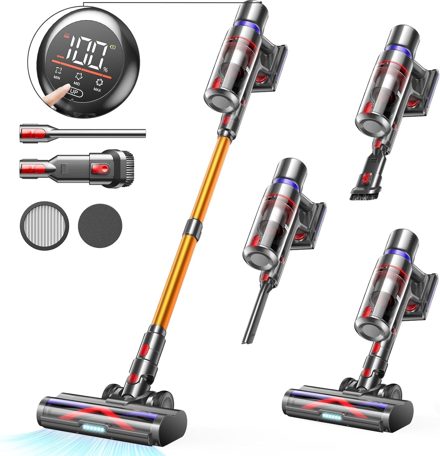 High-Performance Cordless Vacuum Cleaner with 45Kpa Suction Power, 550W Motor, 60-Minute Runtime, Touch Screen , Anti-Tangle - 1.5L Dust Cup