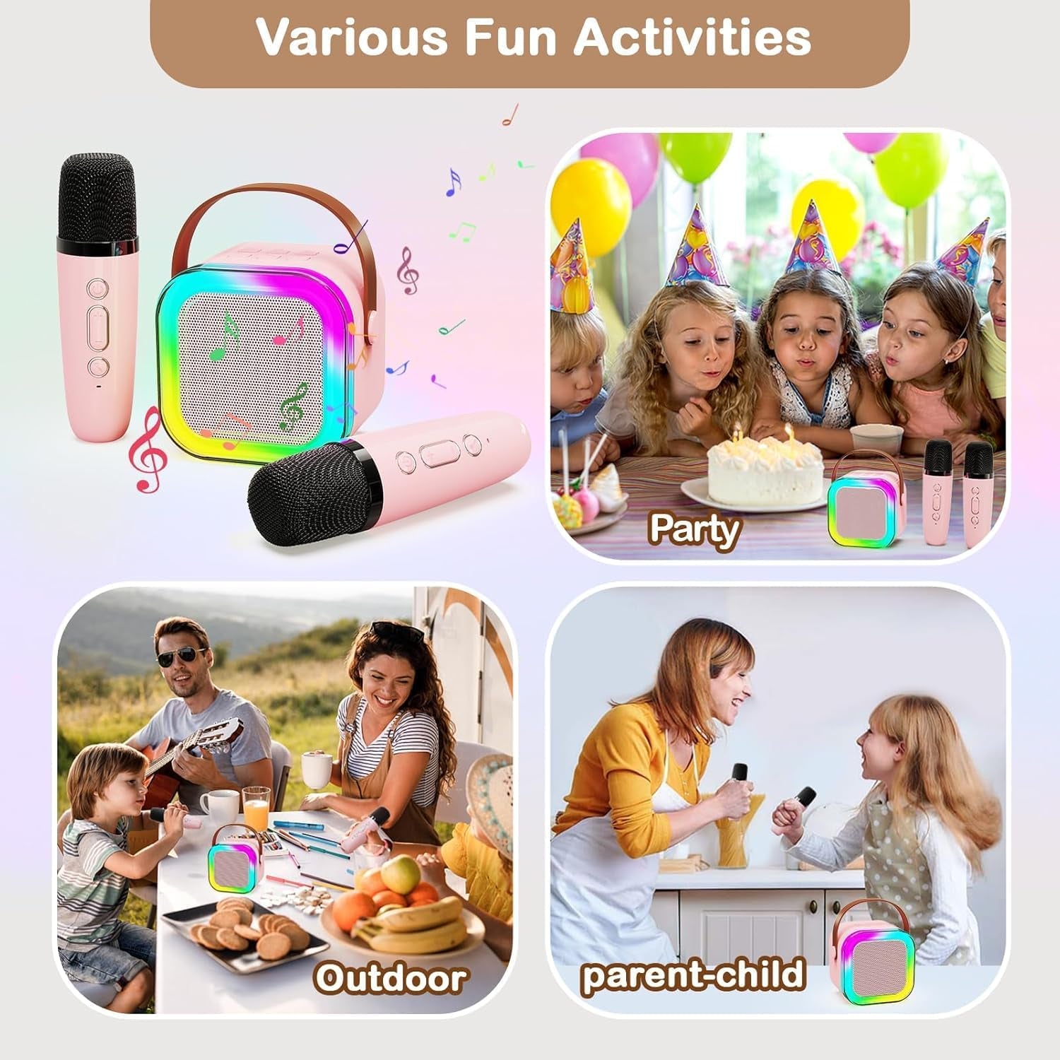 Mini Portable Karaoke Machine- Dual Wireless Microphones and LED Lights, for Ages 4+