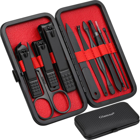 Professional 10-in-1 Stainless Steel Manicure Set with Leather Travel Case - Nail Clippers and Care Tools in Black