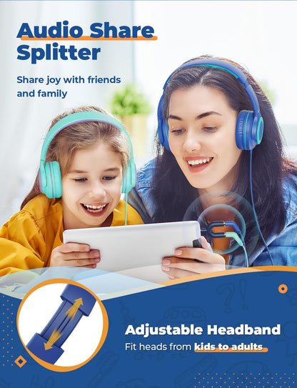 2-Pack Children's Headphones with Sharing Splitter - 94dB Volume Limiting - HS22 Wired Stereo Headphones for Kids and Teens, Tangle-Free 3.5mm Jack, Foldable Design for School, Tablets, and Travel