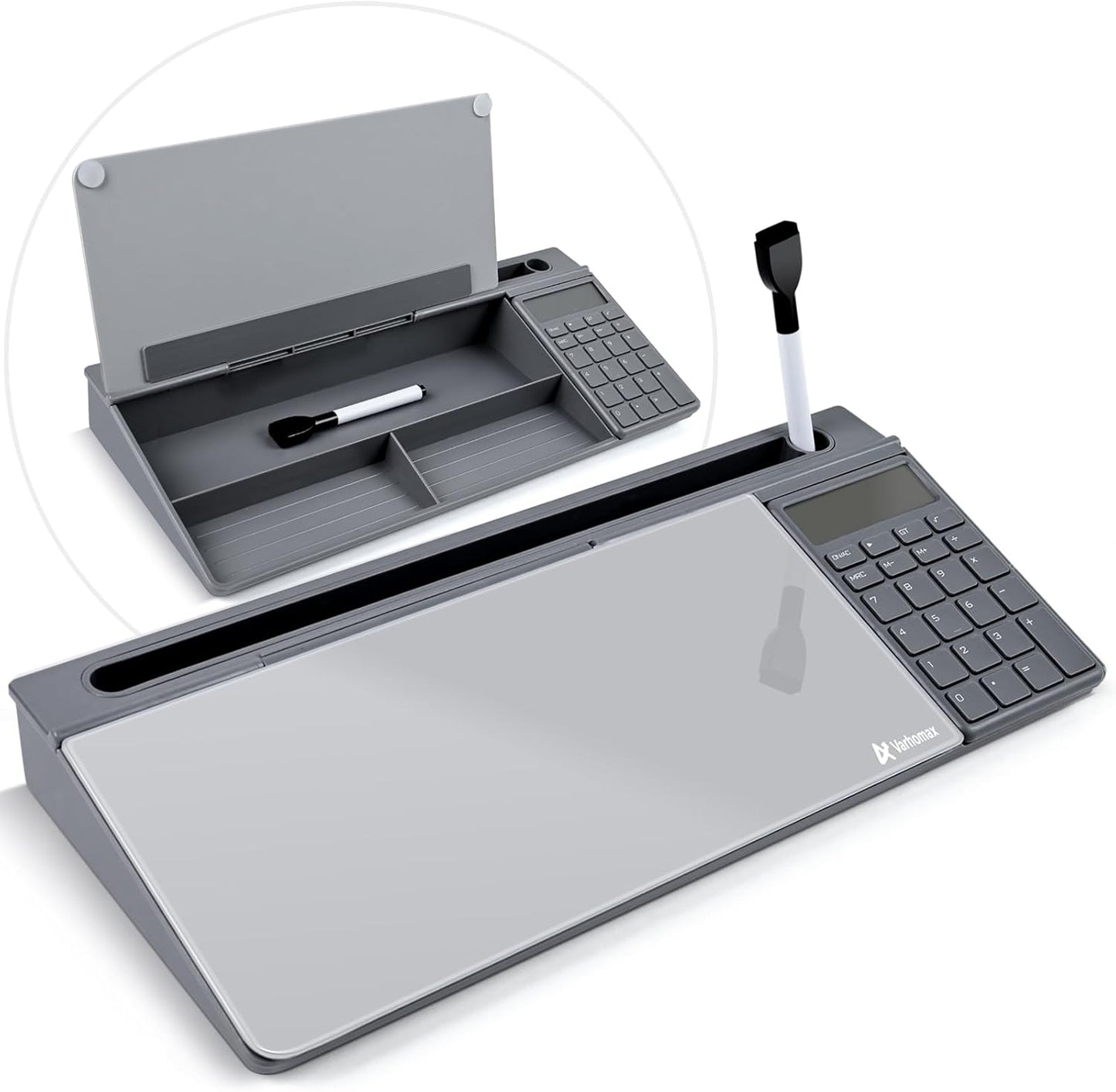Dry Erase Glass Desk Whiteboard with Storage Caddy - Desktop Memo Notepad for Home Office and School (Gray)