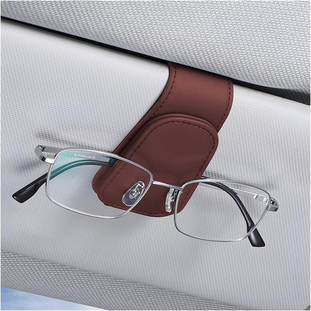 Car Sun Visor Sunglasses Holder, Leather Eyeglasses Hanger with Magnetic Clip - Universal Auto Interior Accessory 