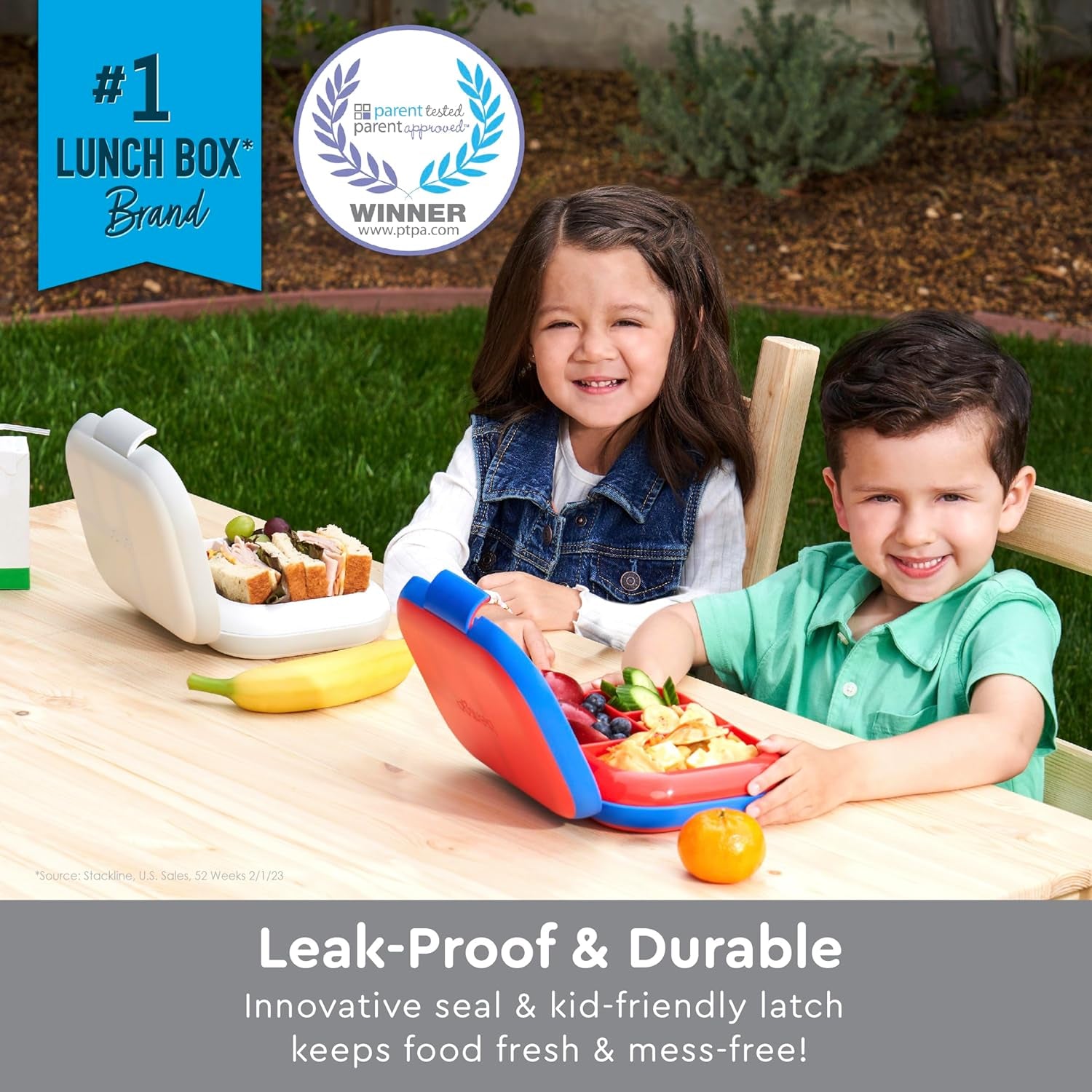 Children's Leak-Proof Lunch Box with Reusable Ice Pack - 4-Compartment Bento Container, Microwave & Dishwasher Safe, 2-Year Warranty (Gray)