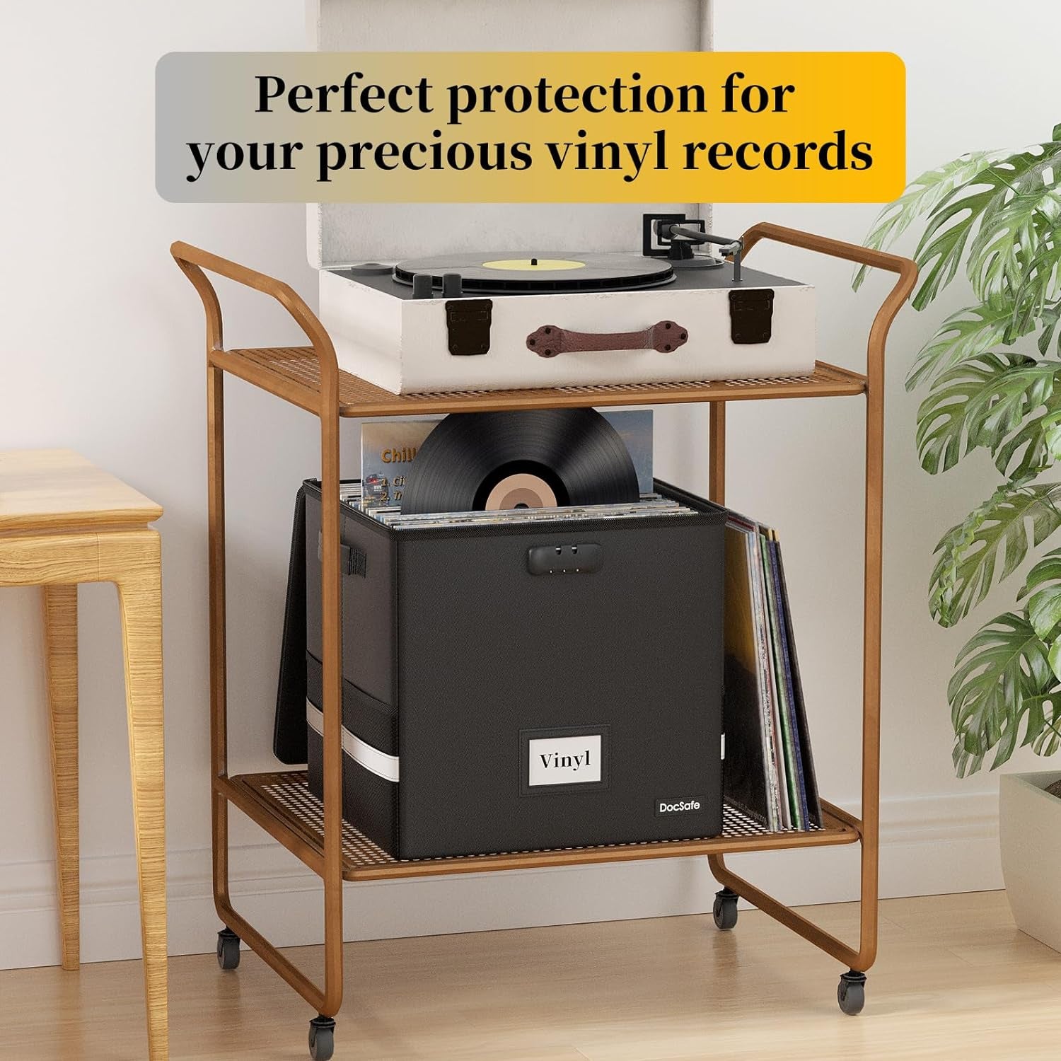 Vinyl Record Storage Box-Lock, Fireproof, Water-Resistant Organizer-100+12-Inch Singles, Collapsible Crate, Lid, Handles 