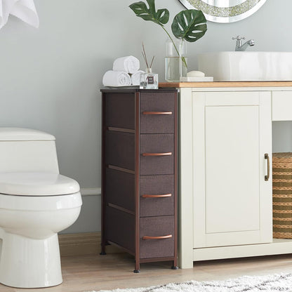Narrow Dresser with 4 Drawers, Slim Storage Chest of Drawers with Removable Fabric Drawers for Closet Small Spaces Bathroom Bedroom Laundry, Coffee Brown