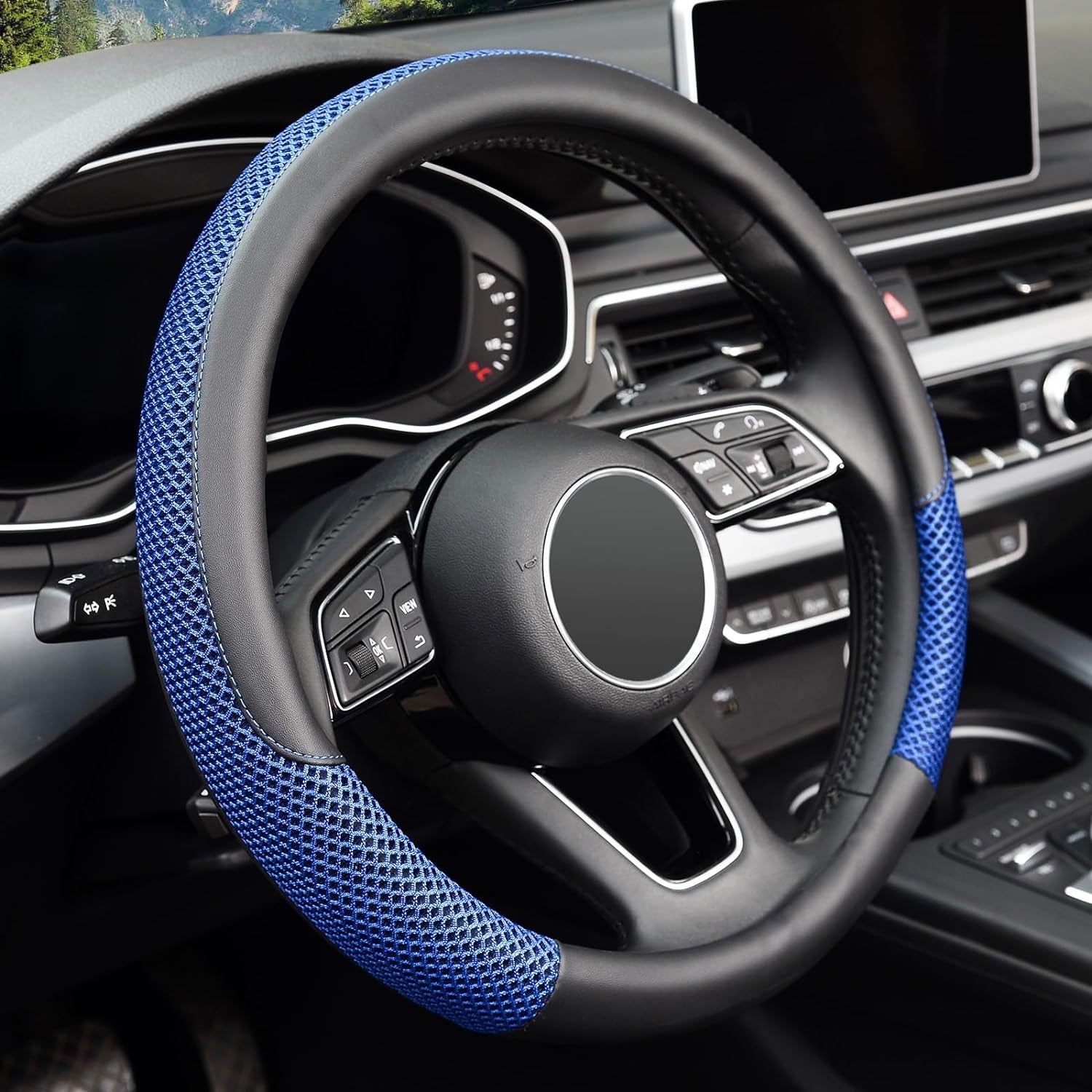 Universal 15-Inch Microfiber Leather Steering Wheel Cover - Breathable, Anti-Slip, Temperature Regulating (Black)