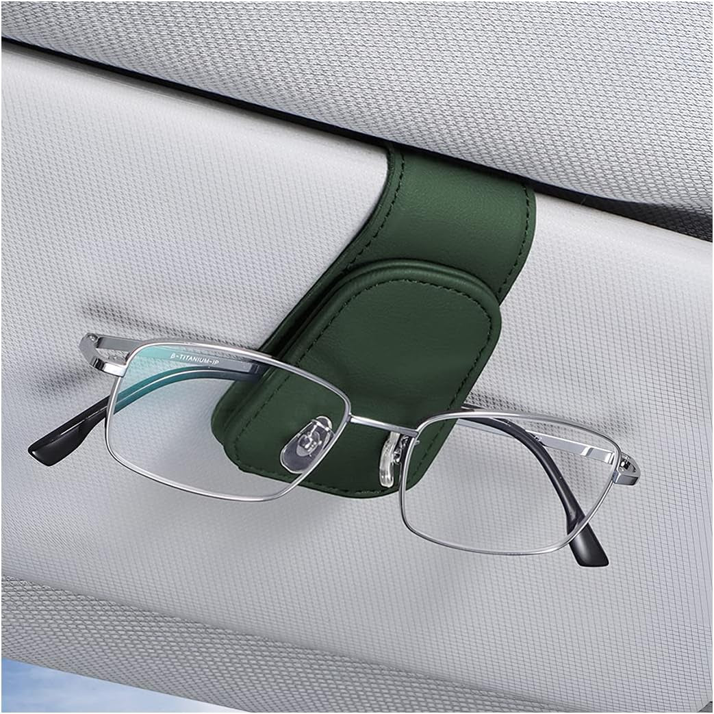 Car Sun Visor Sunglasses Holder, Leather Eyeglasses Hanger with Magnetic Clip - Universal Auto Interior Accessory 