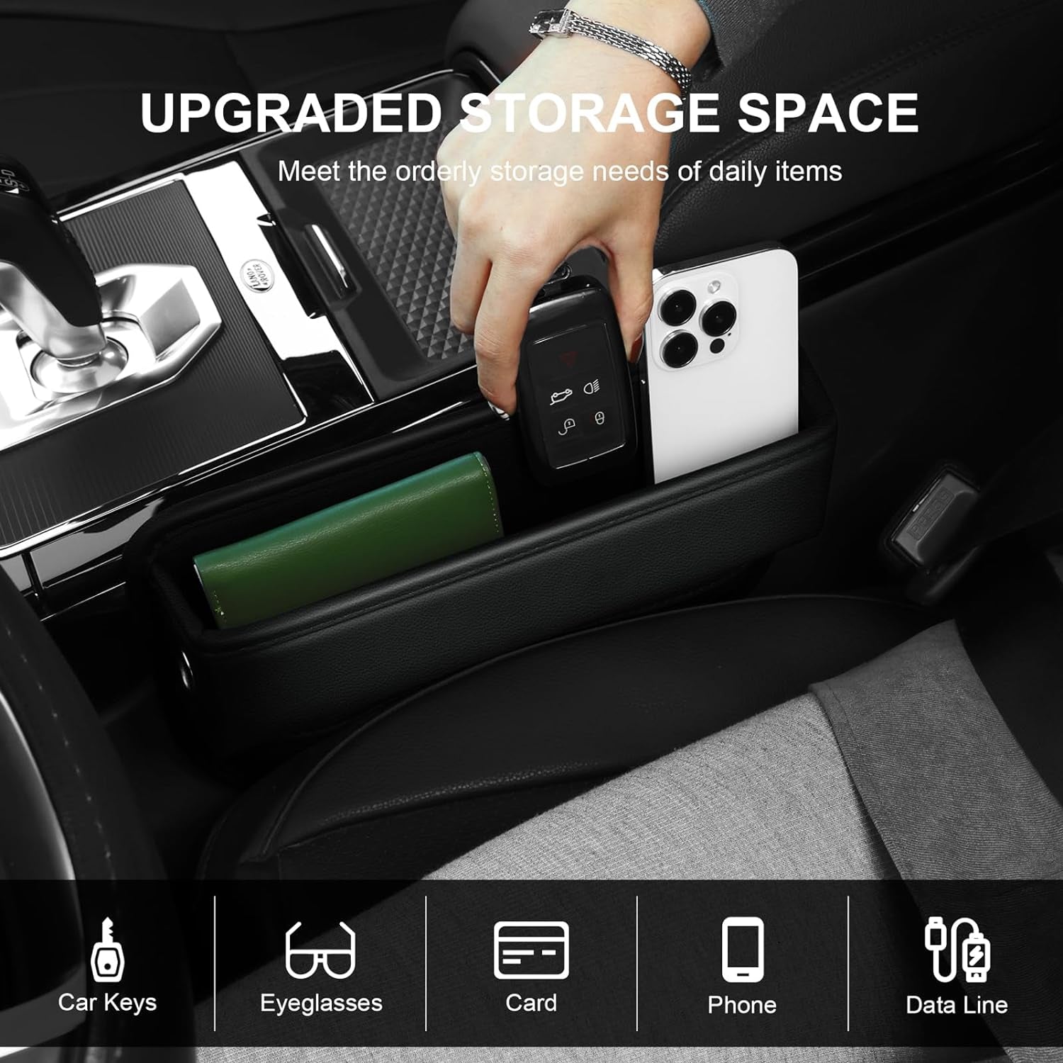 Leather Car Seat Gap Filler and Organizer - Black (1 Piece)