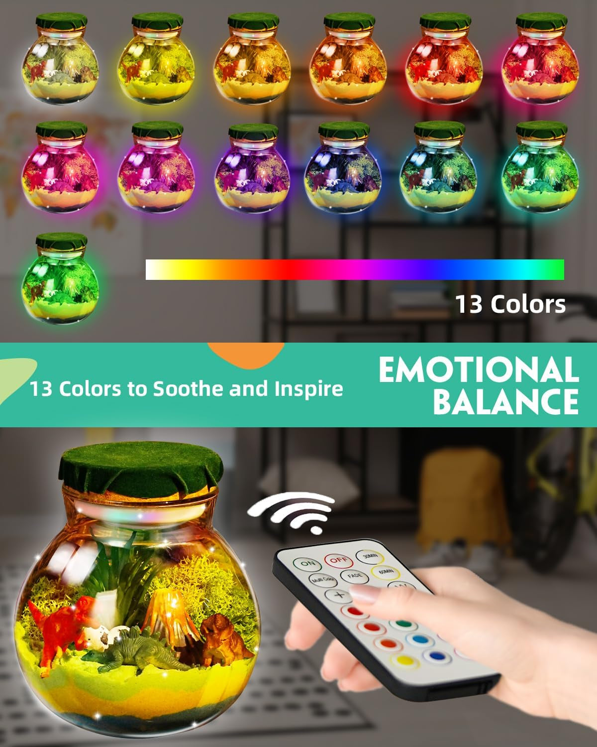 Illuminated Dinosaur Terrarium Kit for Children - DIY Arts & Crafts for Ages 4+LED Night Light with Remote Control