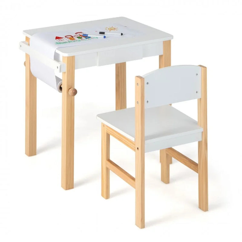 Children's Art Table and Chair Set with Storage Drawer, Paper Roll, and Two Markers