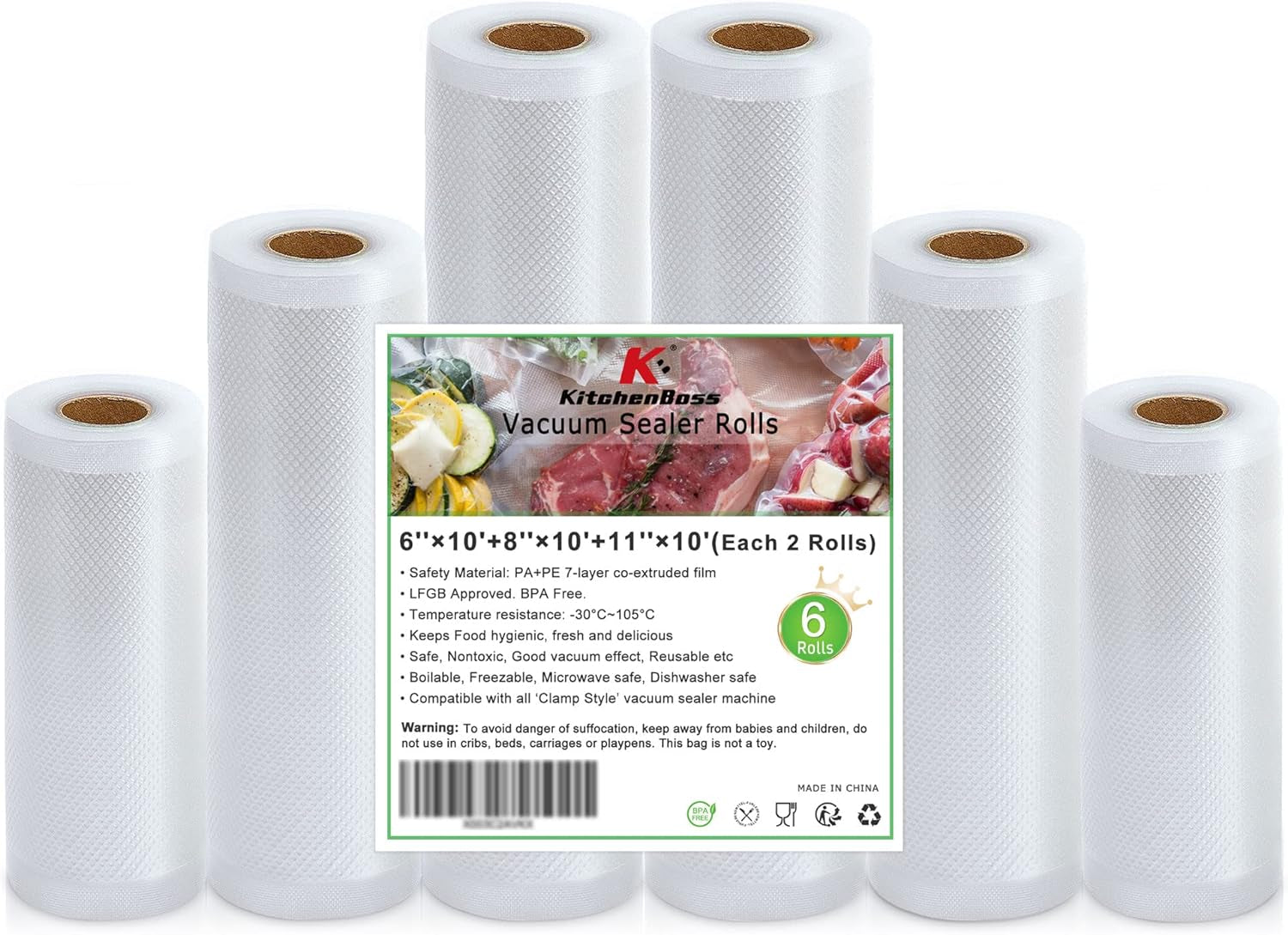 Food Vacuum Sealer Bag Rolls - Set of 6 Commercial Grade BPA-Free Sous Vide Bags in 6, 8, and 11 Inch Sizes for All Vacuum Sealers