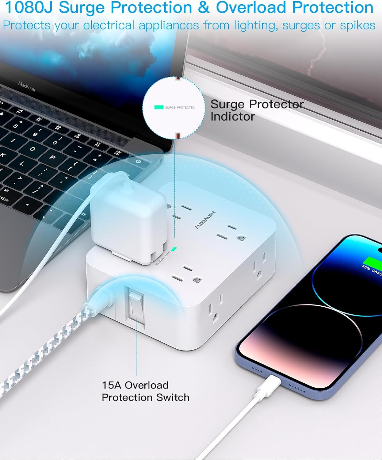 Surge Protector Power Strip with 8 Outlets and 4 USB Charging Ports (2 USB-C), 5Ft Braided Extension Cord, Flat Plug, Wall-Mountable USB-C Charging Station for Home and Office Use