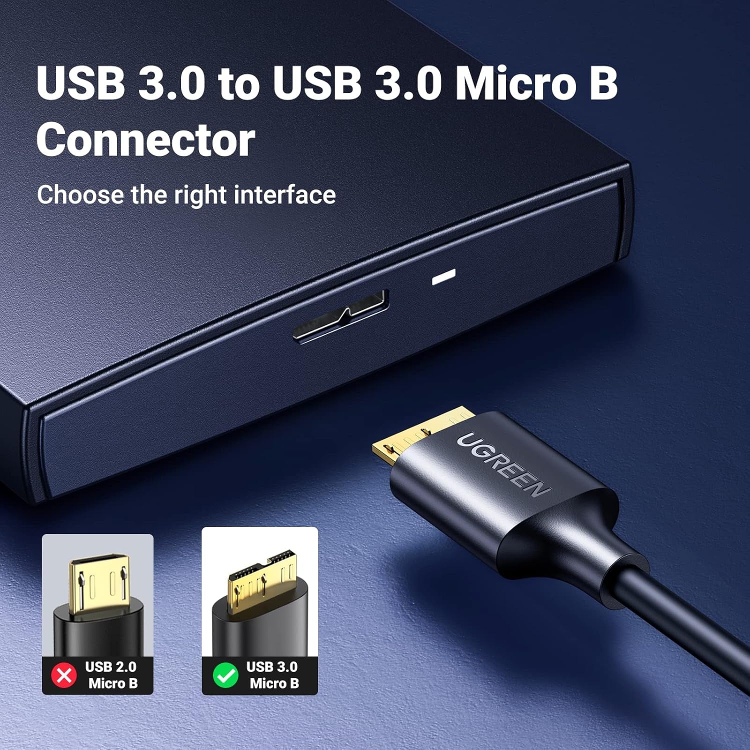 Micro USB 3.0 to Micro B Male Cable for Charging and Data Sync - Compatible with External Hard Drives and More