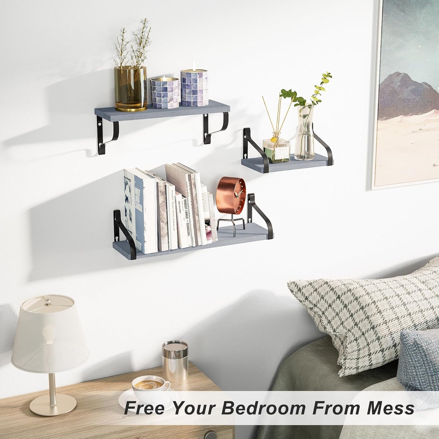 Set of 3 Rustic Wall-Mounted Floating Shelves in Weathered Grey Wood for Versatile Home Decor