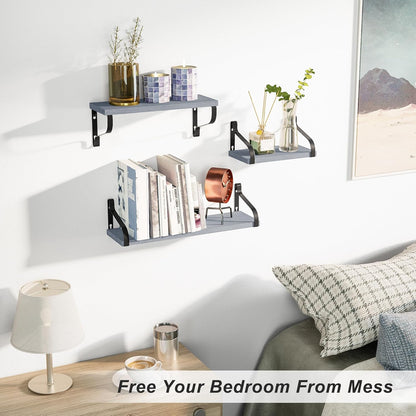 Set of 3 Rustic Wall-Mounted Floating Shelves in Weathered Grey Wood for Versatile Home Decor