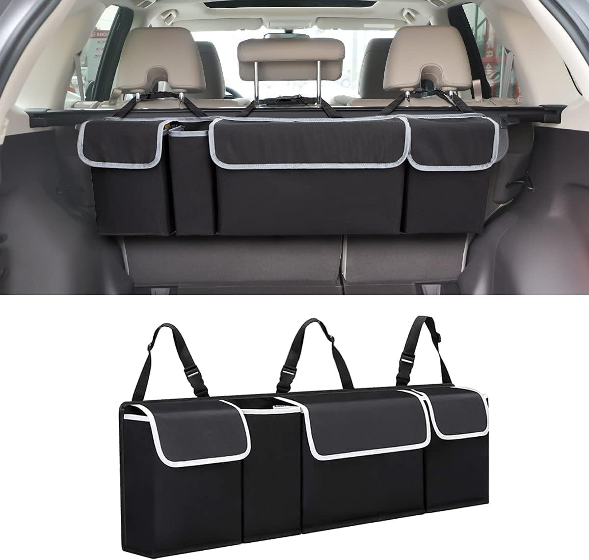 Car Trunk Organizer - Waterproof, Durable Backseat Hanging Cargo Bag with Adjustable Anti-Slip Straps and 4 Pockets (Black)