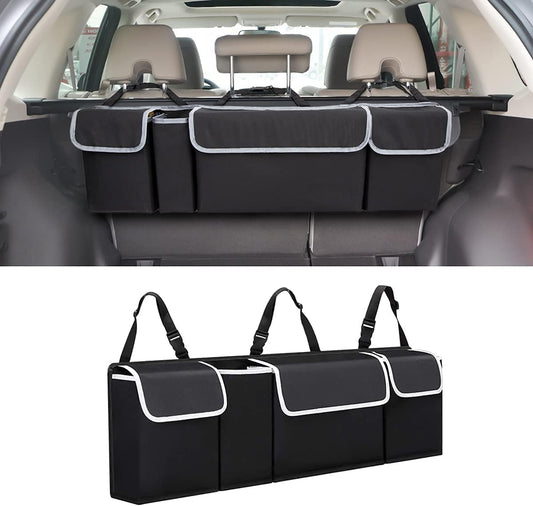 Car Trunk Organizer - Waterproof, Durable Backseat Hanging Cargo Bag with Adjustable Anti-Slip Straps and 4 Pockets (Black)