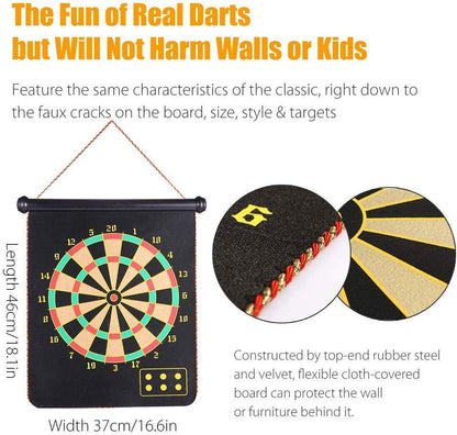 Magnetic Rollup Dart Board Set for Children and Adults with 6 Safe Darts - Ideal Gift for Ages 6 to 12