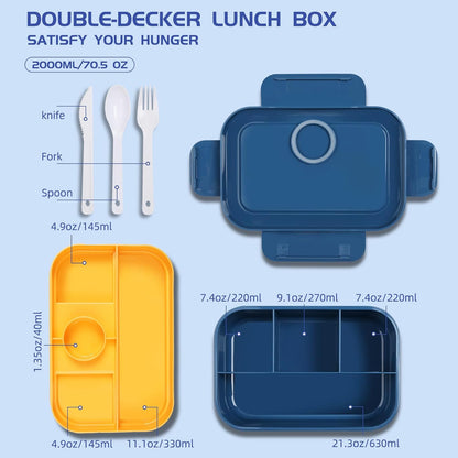 Lunch Box - 2000 ML Stackable Container - 8 Compartments, Leak-Proof Design, Built-In Sauce Container, Utensils Included - Blue