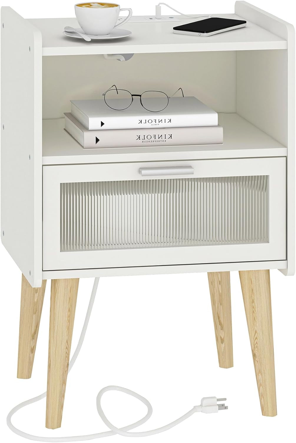 Elegant Nightstand with Integrated Charging Station, Glass-Fronted Decorative Door, and Dual-Tier Storage, White 
