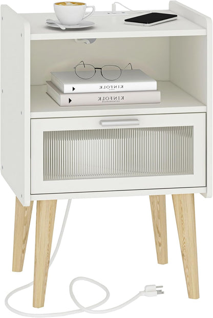 Elegant Nightstand with Integrated Charging Station, Glass-Fronted Decorative Door, and Dual-Tier Storage, White 