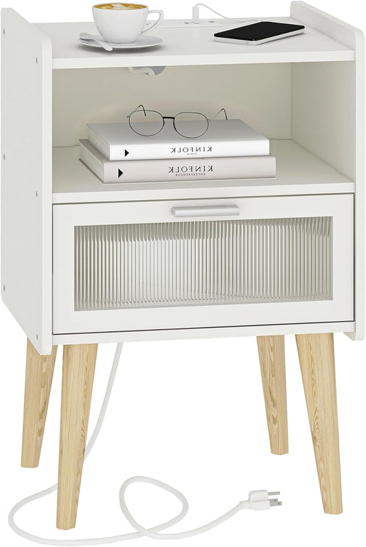 Elegant Nightstand with Integrated Charging Station, Glass-Fronted Decorative Door, and Dual-Tier Storage, White 