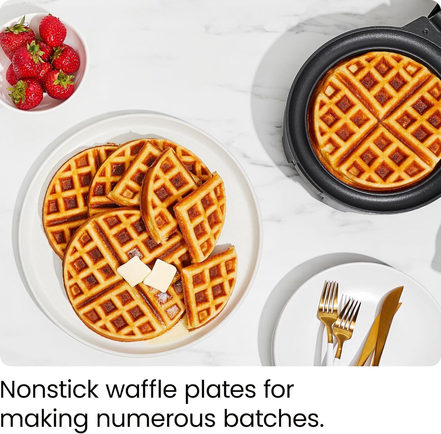 Professional Anti-Overflow Belgian Waffle Maker with Shade Selector, Temperature Control, Mess-Free Moat, Round Nonstick Plates, Cool Touch Handle, and Measuring Cup - Black