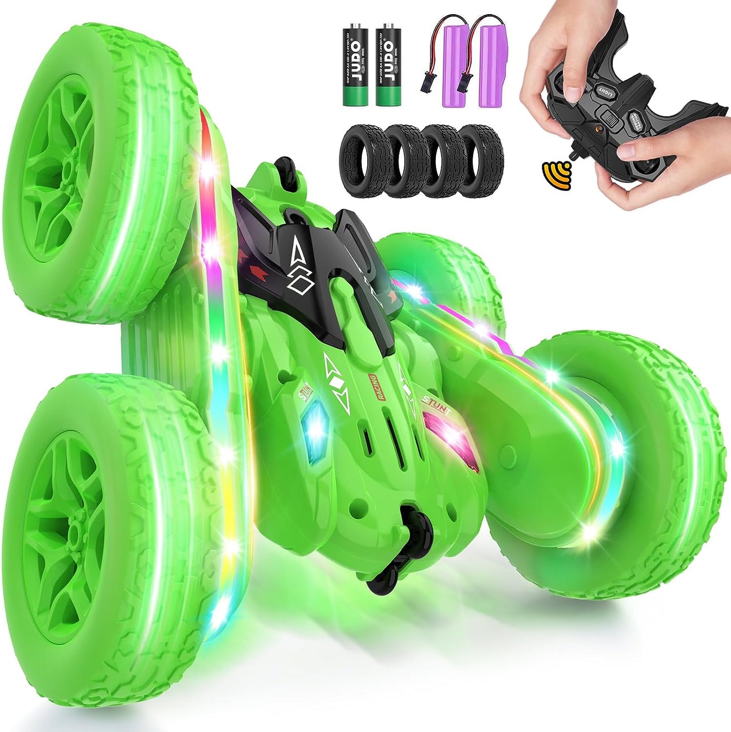 Remote Control Stunt Car-LED Light Strips, Headlights, 2.4GHz All-Terrain Double-Sided 360° Rotating RC Vehicle Ages 8+