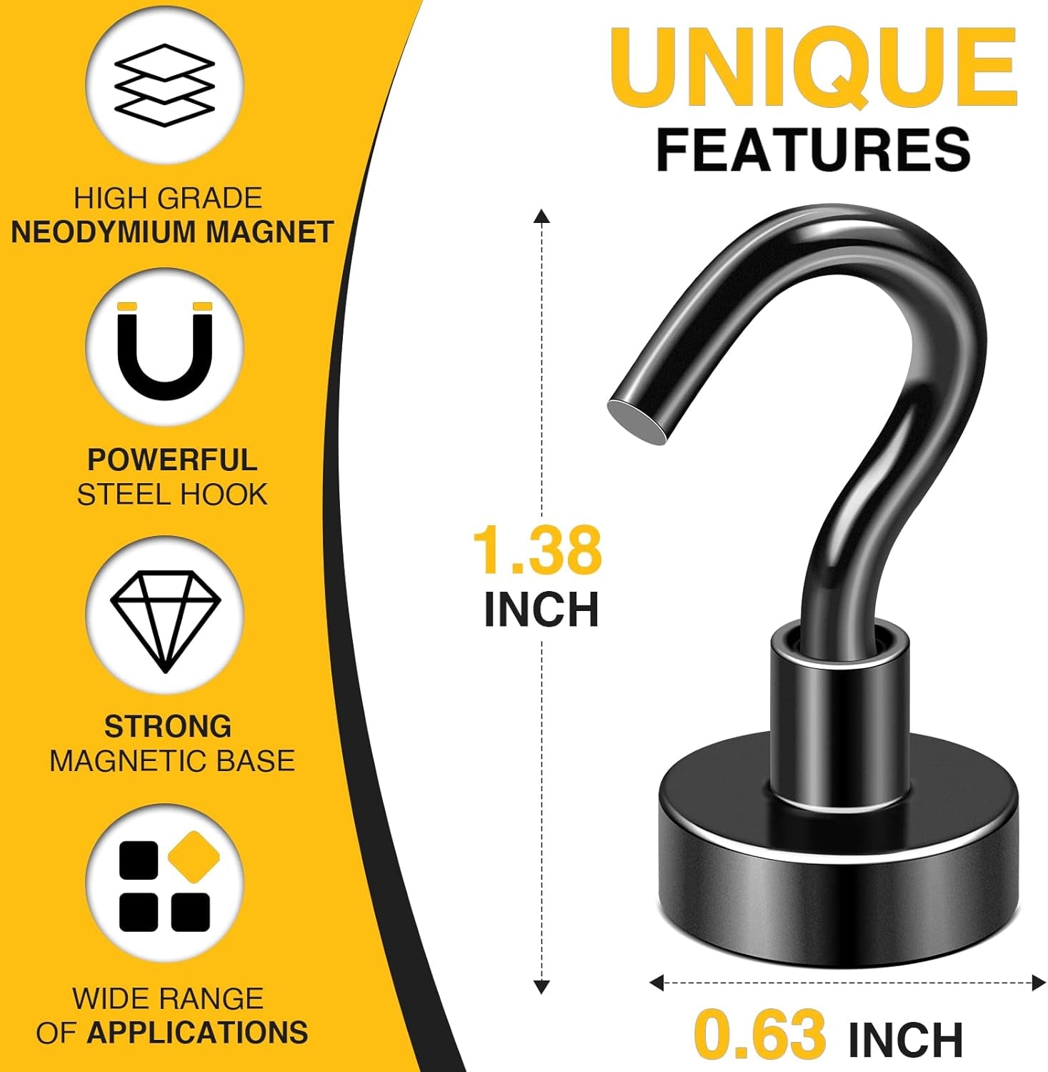 Heavy-Duty Black Magnetic Utility Hooks - 25 lbs Capacity Rare Earth Neodymium Magnet with Nickel Coating, Set of 6 for Kitchen, Office, Classroom, and Garage Use