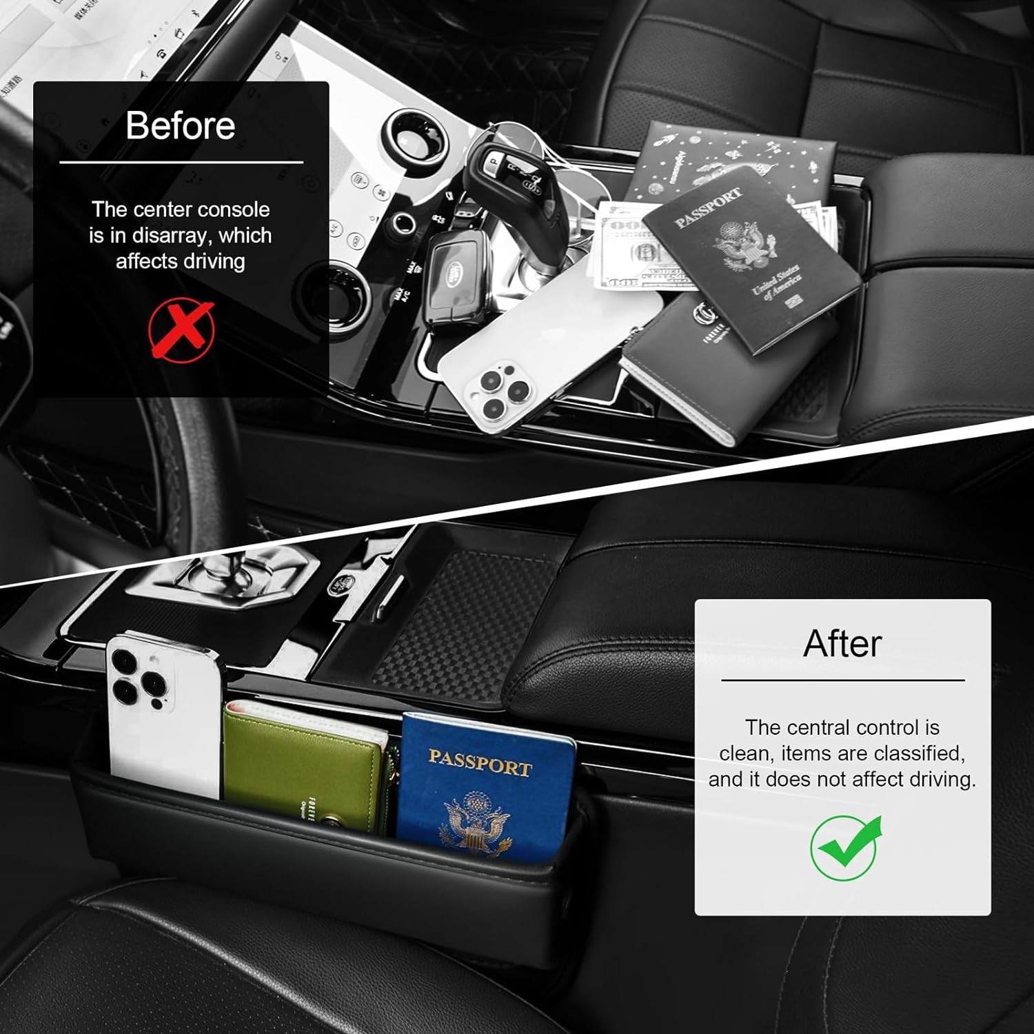 Leather Car Seat Gap Filler and Organizer - Black (1 Piece)