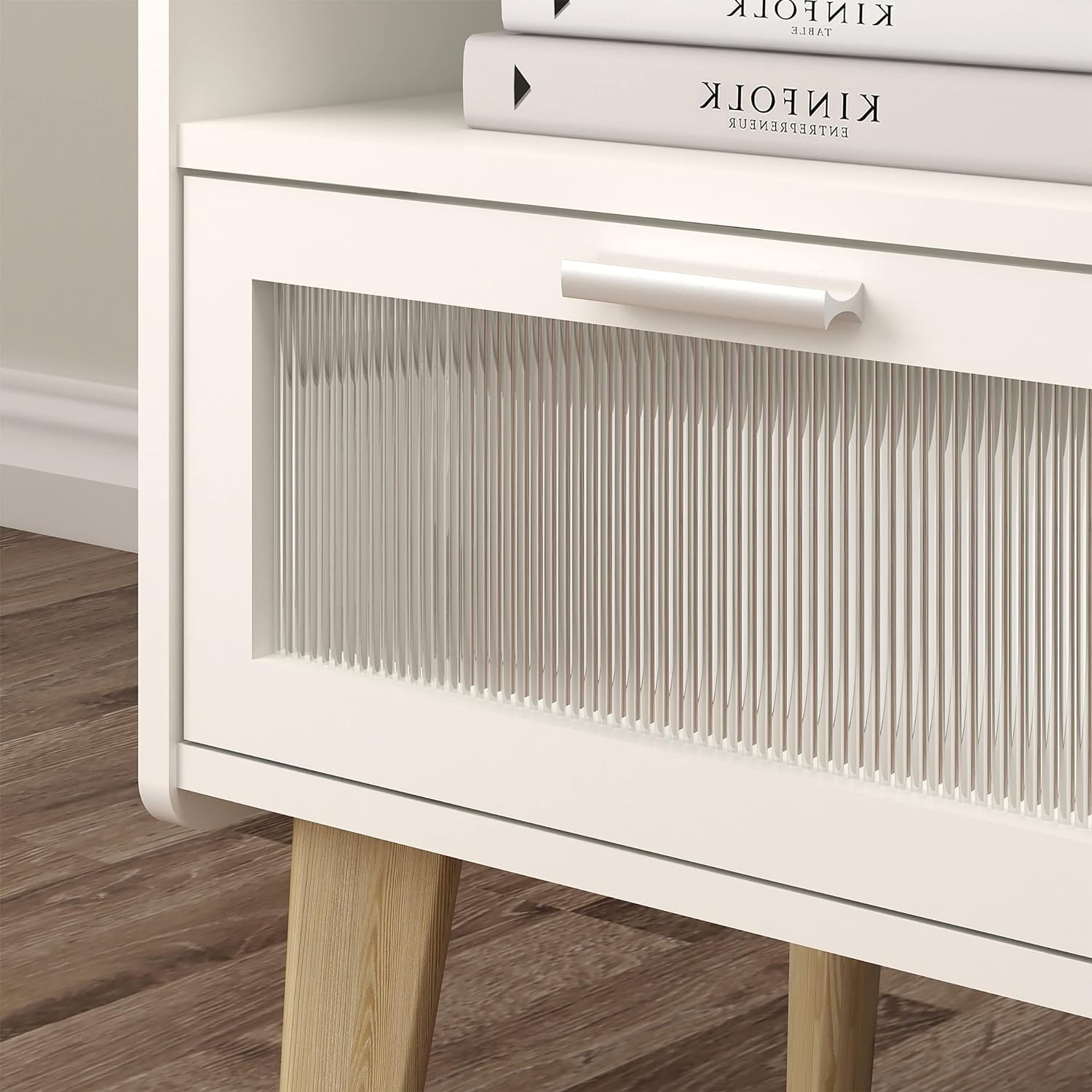 Elegant Nightstand with Integrated Charging Station, Glass-Fronted Decorative Door, and Dual-Tier Storage, White 