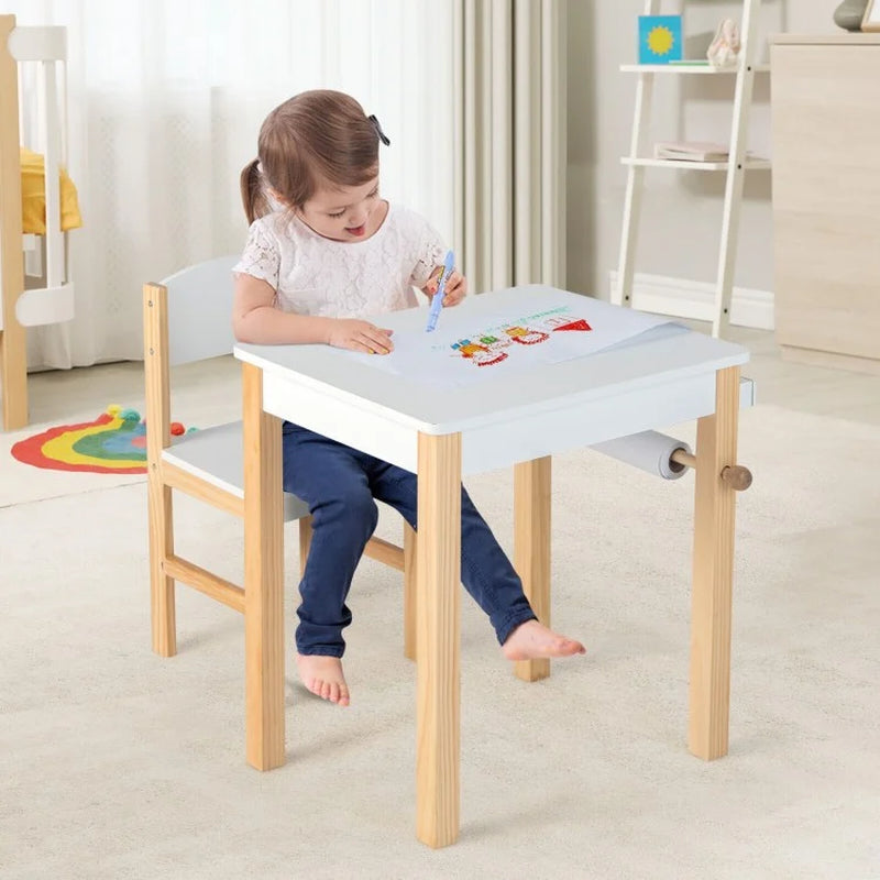 Children's Art Table and Chair Set with Storage Drawer, Paper Roll, and Two Markers