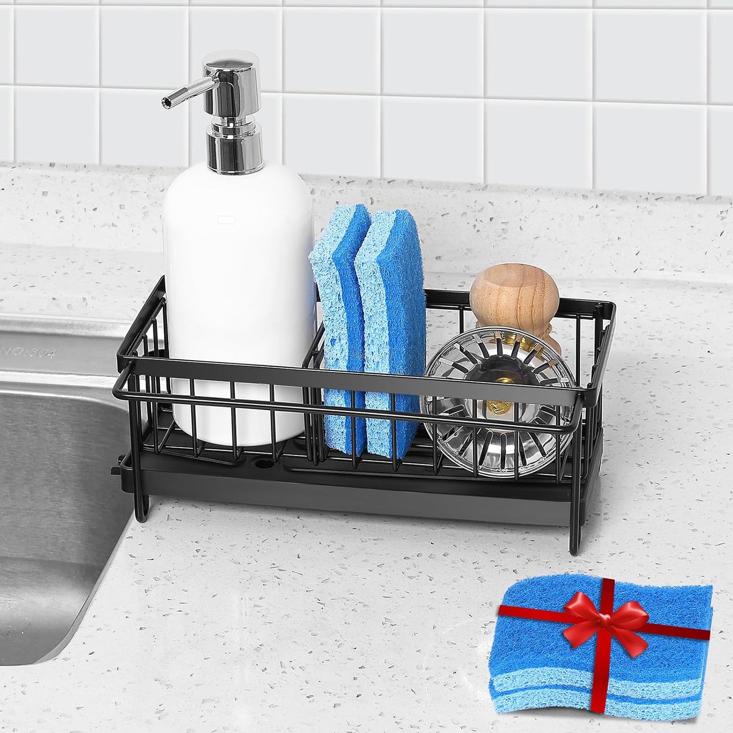Kitchen Sink Organizer Sponge Holder with Dishrag and Dishcloth Rack, Rustproof 304 Stainless Steel with Auto Draining Tray