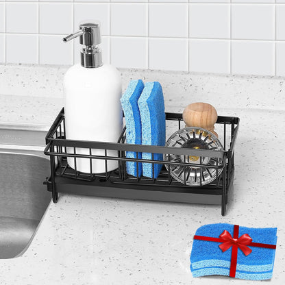 Kitchen Sink Organizer Sponge Holder with Dishrag and Dishcloth Rack, Rustproof 304 Stainless Steel with Auto Draining Tray