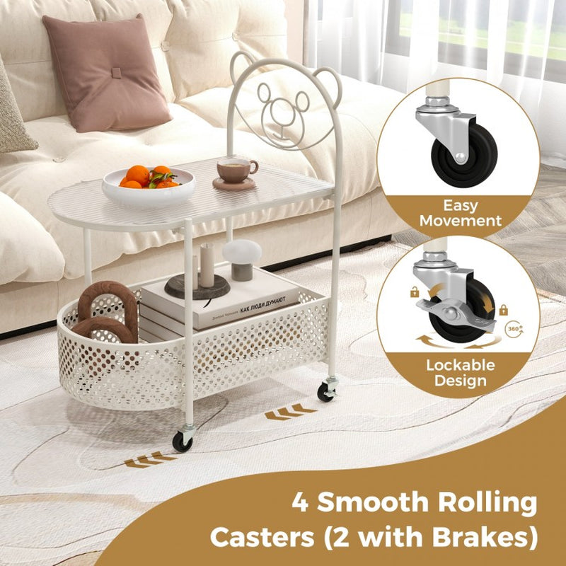 2-Tier Mobile Glass Coffee Table Featuring Bear Design