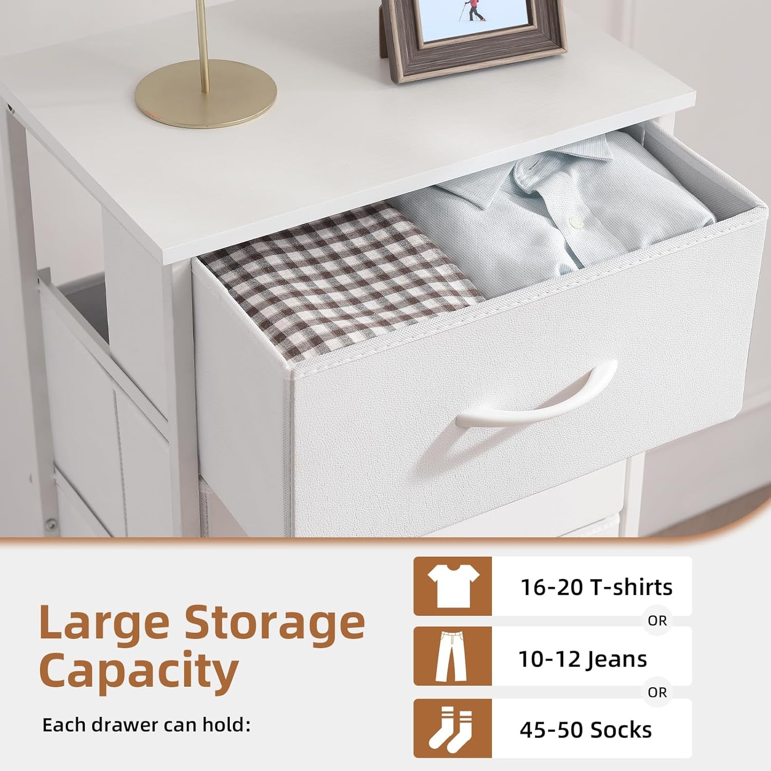Tall Dresser for Bedroom, 4 Drawer Storage Organizer Chest of Drawers with Removable Fabric Bins - White Leather