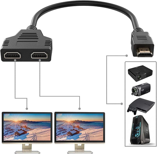 HDMI Splitter Adapter - 1080P Male to Dual Female 1x2 HDMI Splitter Cable for HDTV, LED, LCD Monitors, and Projectors - Supports Dual TV Output