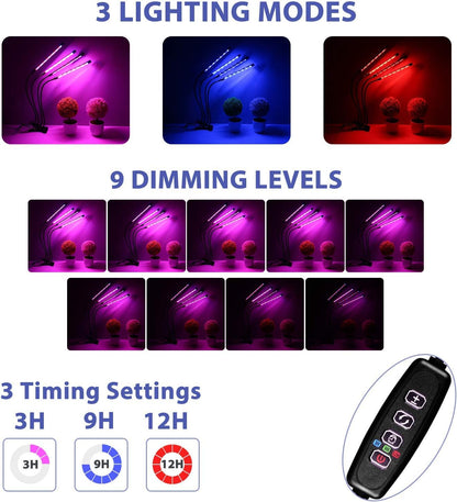 Full Spectrum Indoor Plant Grow Lights with Auto On/Off Timer, Dimmer, Adjustable Gooseneck, and Multiple Switch Modes for Greenhouse, Home, and Office Use
