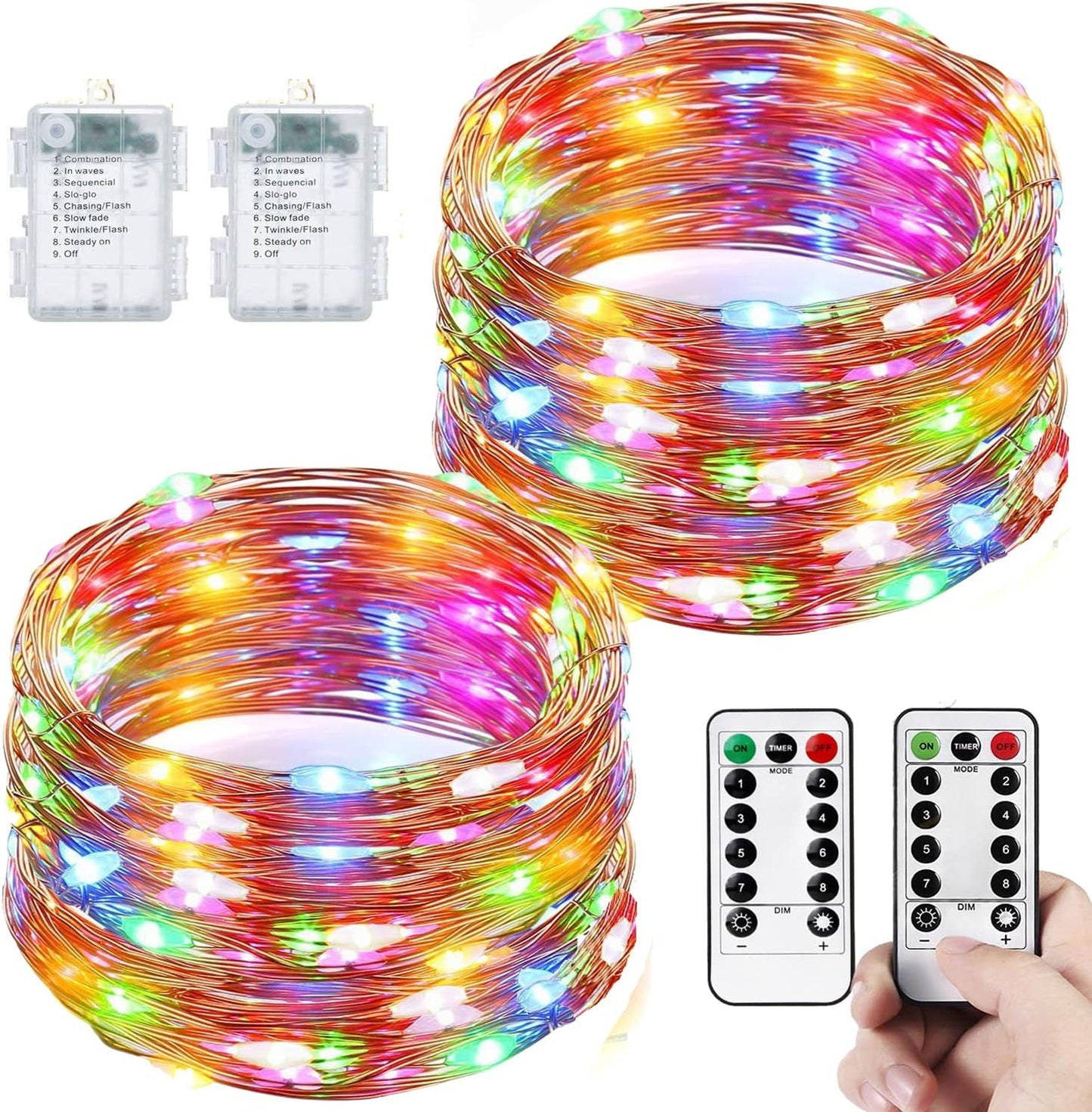 2-Pack Waterproof Battery-Operated Fairy Lights, 66ft with 200 LEDs, Remote Control - 8 Modes and Timer, Copper Wire Twinkle Lights