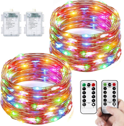 2-Pack Waterproof Battery-Operated Fairy Lights, 66ft with 200 LEDs, Remote Control - 8 Modes and Timer, Copper Wire Twinkle Lights