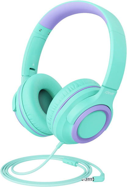 2-Pack Children's Headphones with Sharing Splitter - 94dB Volume Limiting - HS22 Wired Stereo Headphones for Kids and Teens, Tangle-Free 3.5mm Jack, Foldable Design for School, Tablets, and Travel