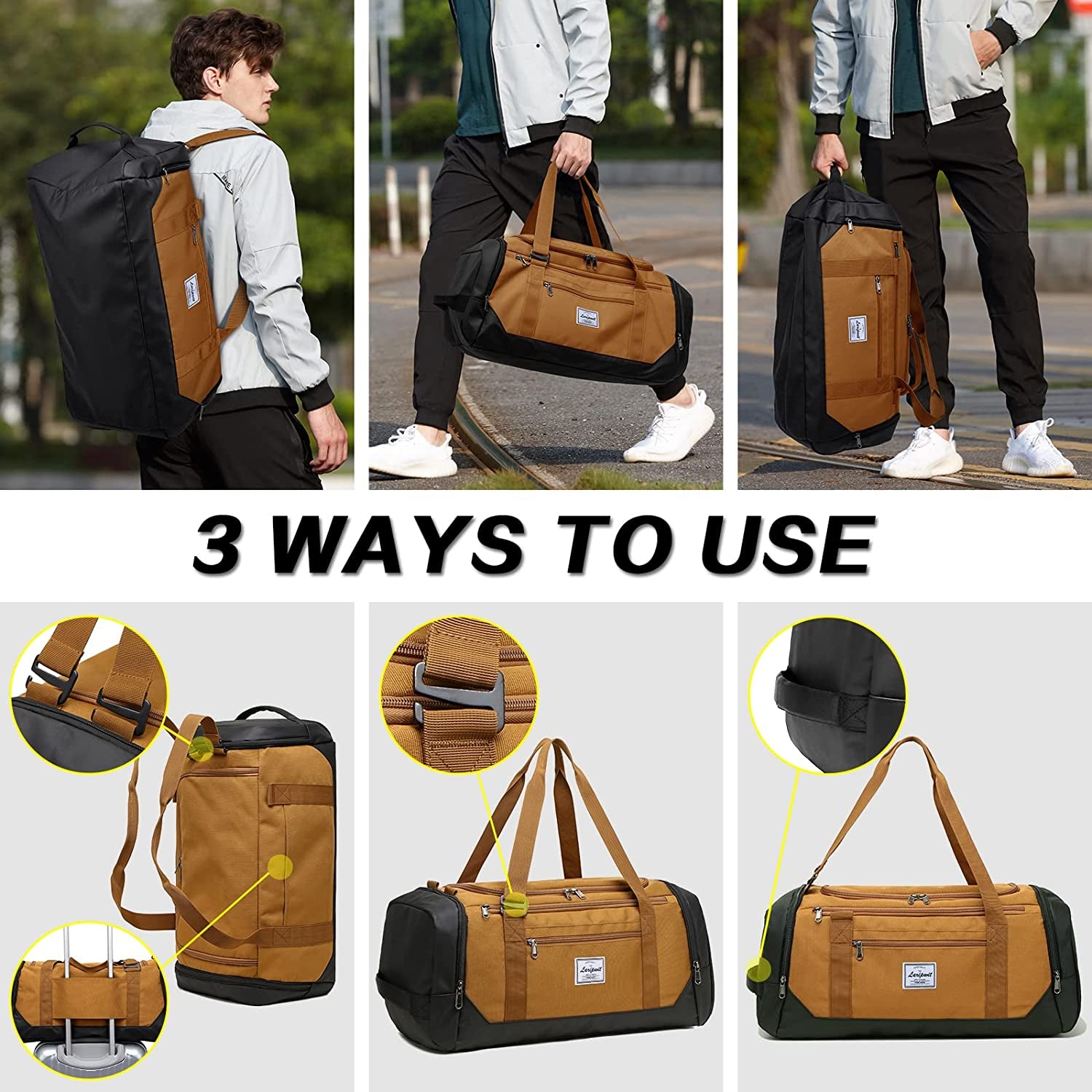 Men's 40L Travel Duffle Bag with Wet Pocket and Shoe Compartment - Versatile Weekender Backpack for Travel, Khaki