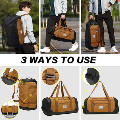 Men's 40L Travel Duffle Bag with Wet Pocket and Shoe Compartment - Versatile Weekender Backpack for Travel, Khaki