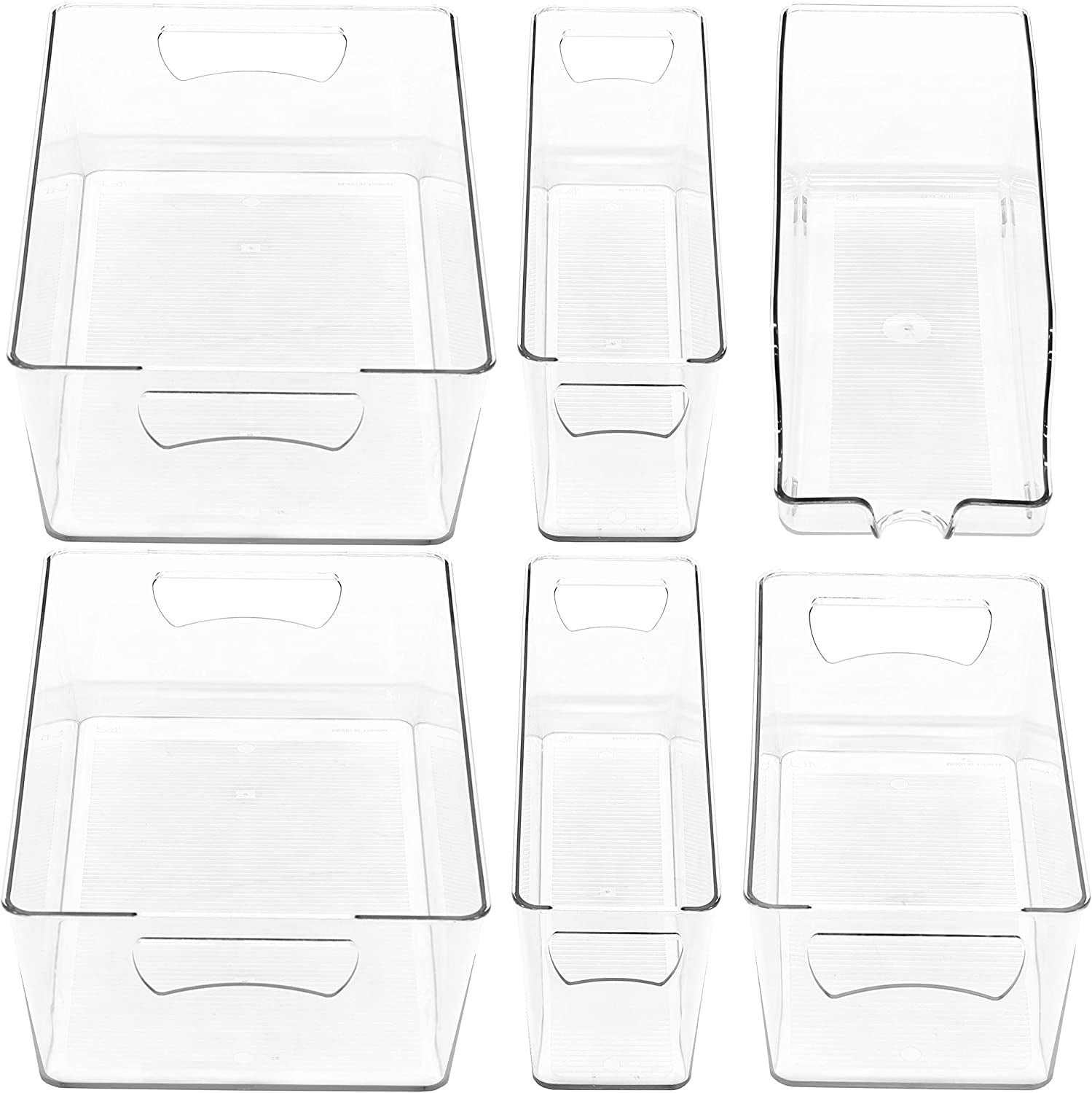 Clear Storage Bins for Freezer and Kitchen Pantry Organization, Set of 6 (2 Large, 2 Long, 1 Standard, 1 Medium)