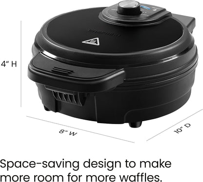 Professional Anti-Overflow Belgian Waffle Maker with Shade Selector, Temperature Control, Mess-Free Moat, Round Nonstick Plates, Cool Touch Handle, and Measuring Cup - Black