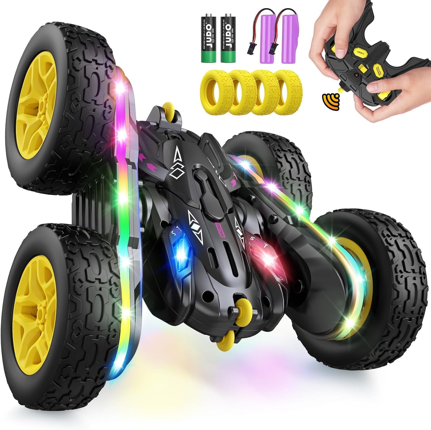 Remote Control Stunt Car-LED Light Strips, Headlights, 2.4GHz All-Terrain Double-Sided 360° Rotating RC Vehicle Ages 8+