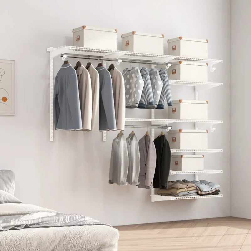 Adjustable Closet Organization System with Shelving and Hanging Rods for 4 to 6 Feet Spaces