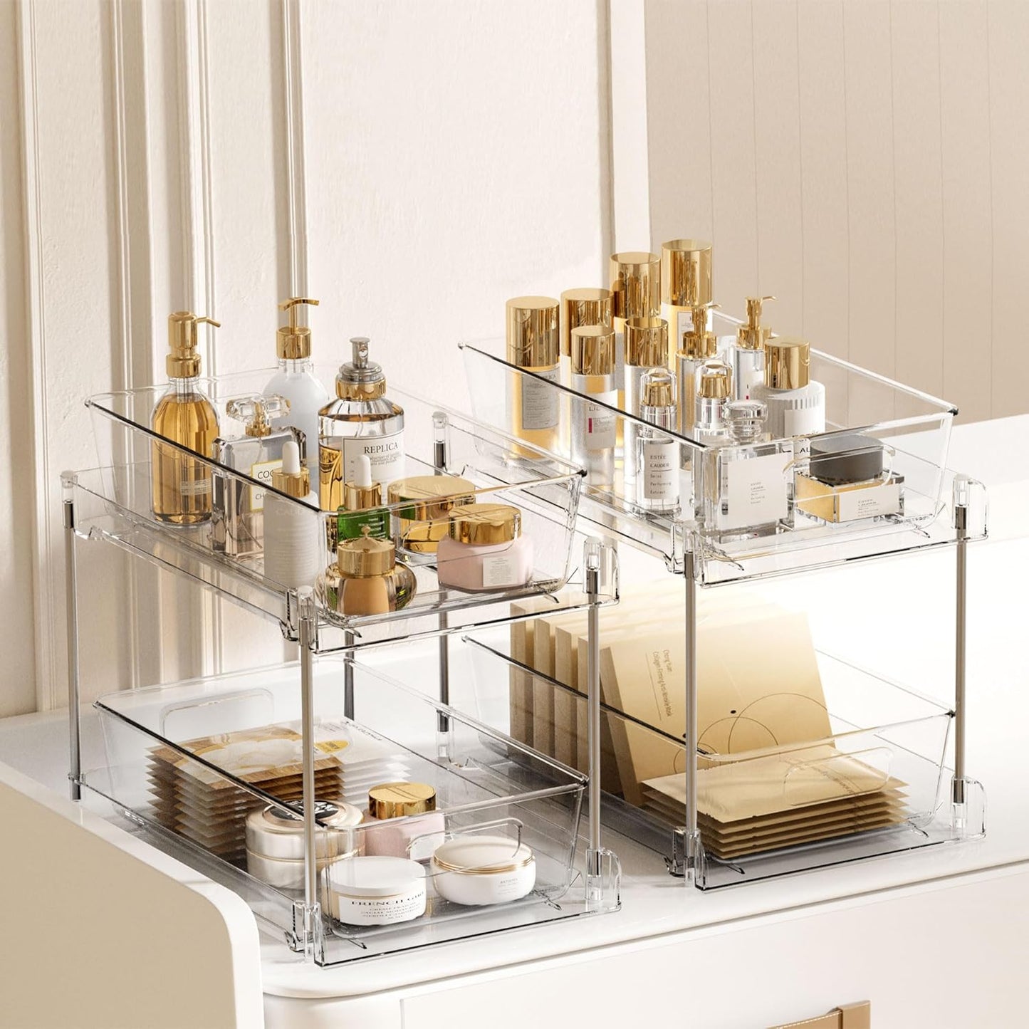 2-Tier Clear Bathroom Storage Organizer Set - Under-Sink and Vanity Counter Containers with Pull-Out Track System